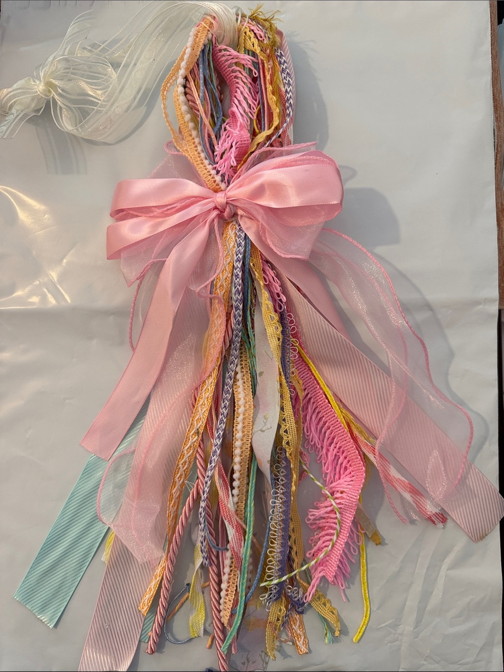 Pink Ribbon Bow Hair Tie with Multicolor Tassel Ribbons